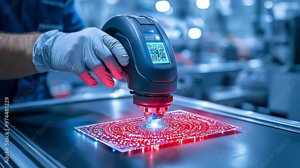 Poster a gloved hand carefully uses a machine to inspect a circuit board, ensuring precision in the technol