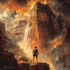 Obraz premium Lone Figure Contemplating Ancient Ruins and Waterfall in Epic Landscape