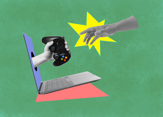 Man's hand reaching for woman's hand with gamepad sticking out of laptop screen on color...