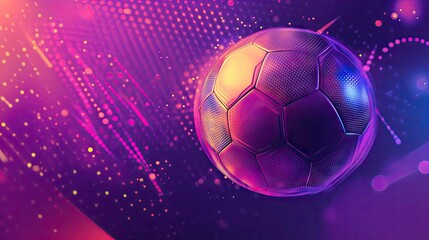 Naklejka premium A glowing soccer ball on a vibrant purple and pink background with dots, dynamic lines, and geometric shapes creating a modern sports vibe.