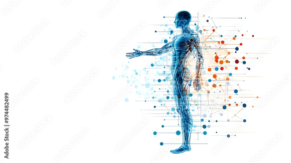 Poster the human body is depicted with abstract lines and dots, illustrating the interconnectedness of syst