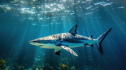 Fototapeta premium A shark swims gracefully through vibrant coral reefs in a clear underwater environment during daytime exploration