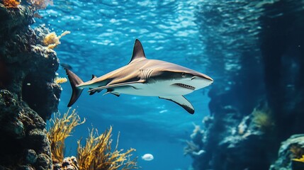 Fototapeta premium A shark swims gracefully through vibrant coral reefs in a clear underwater environment during daytime exploration