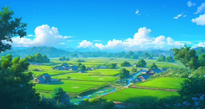Wide Shot of Distant Rice Fields with Small Villages, Green Grass, Trees, and Clear Blue Sky