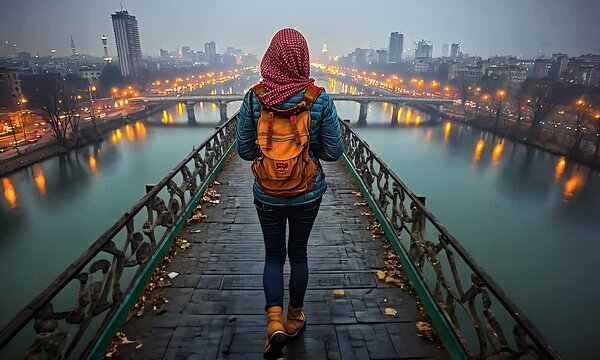 Urban Exploration: Women In Hijab Walking Towards the City Lights at Dawn