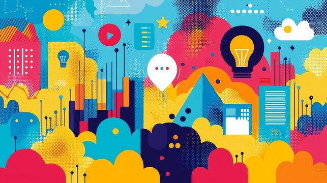 Abstract Colorful Geometric Pattern with Lightbulb Idea and Cloud