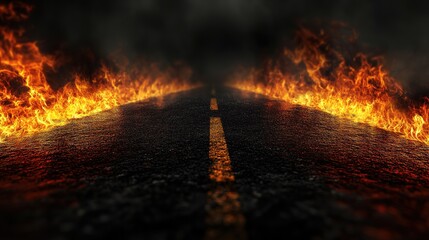 A fiery road surrounded by flames and dark clouds at twilight creating a dramatic and surreal atmosphere
