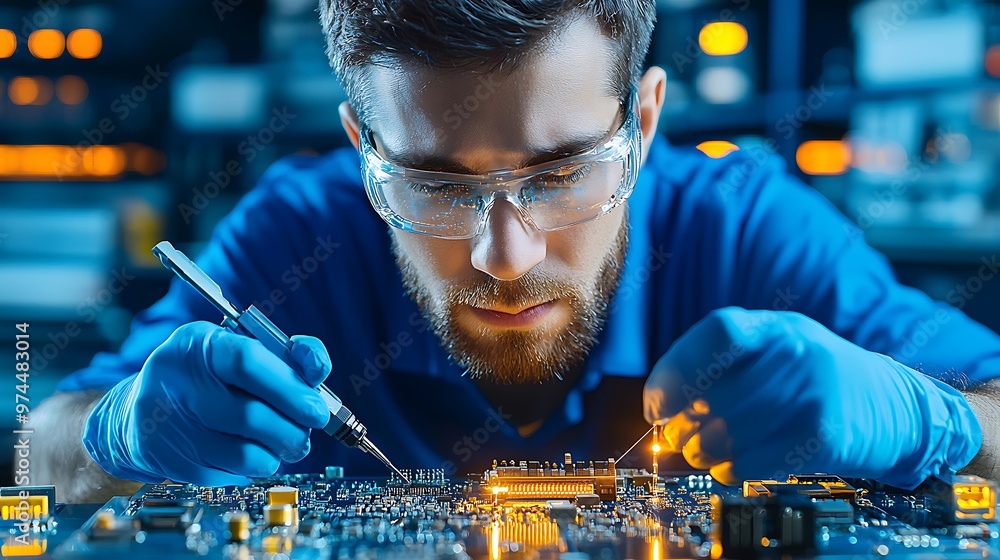 Poster an electronics engineer works meticulously on a circuit board, using a soldering iron to ensure prec