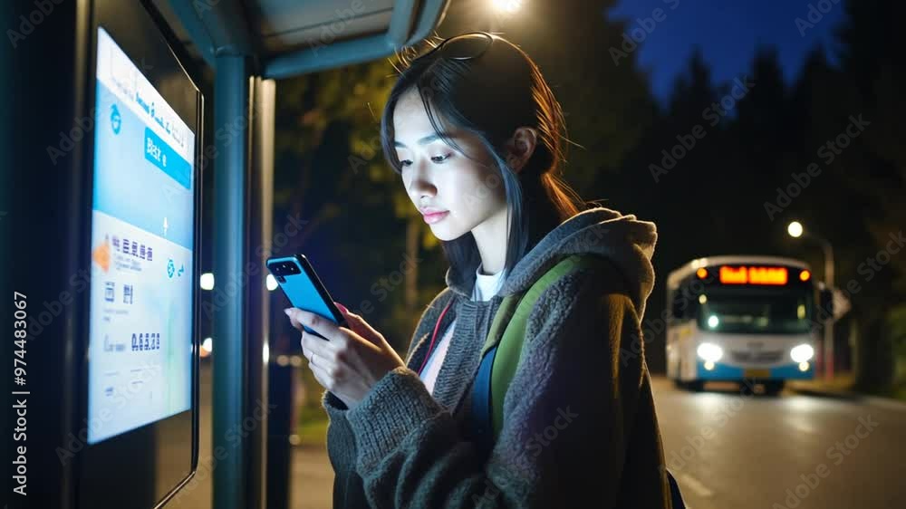 Aufkleber using a cellphone while waiting for the bus at night in the city generative ai