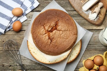 Delicious cut sponge cake, whisk and ingredients on wooden table, flat lay