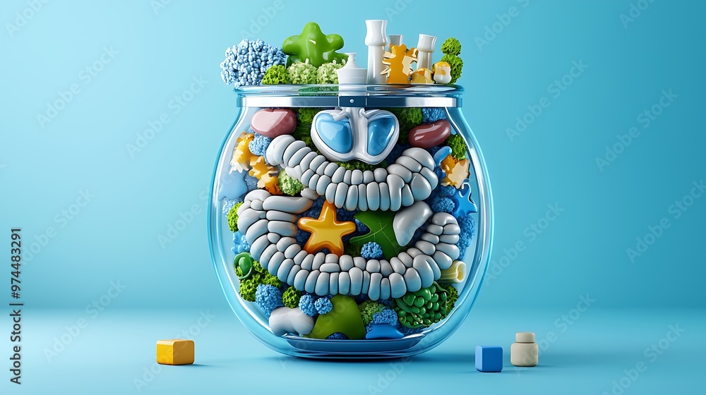 Poster a surreal 3d render displays intestines inside a glass jar, surrounded by colorful, abstract objects