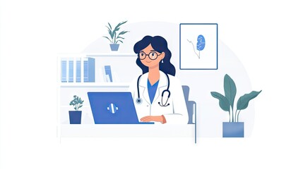 A healthcare professional in a sleek office environment, holding a virtual consultation with a patient via a laptop.