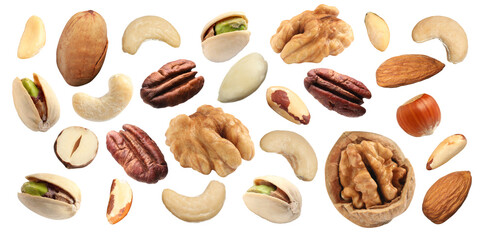 Different nuts on white background, collection. Pecan, walnut, pistachio, peanut, hazelnut, almond,...