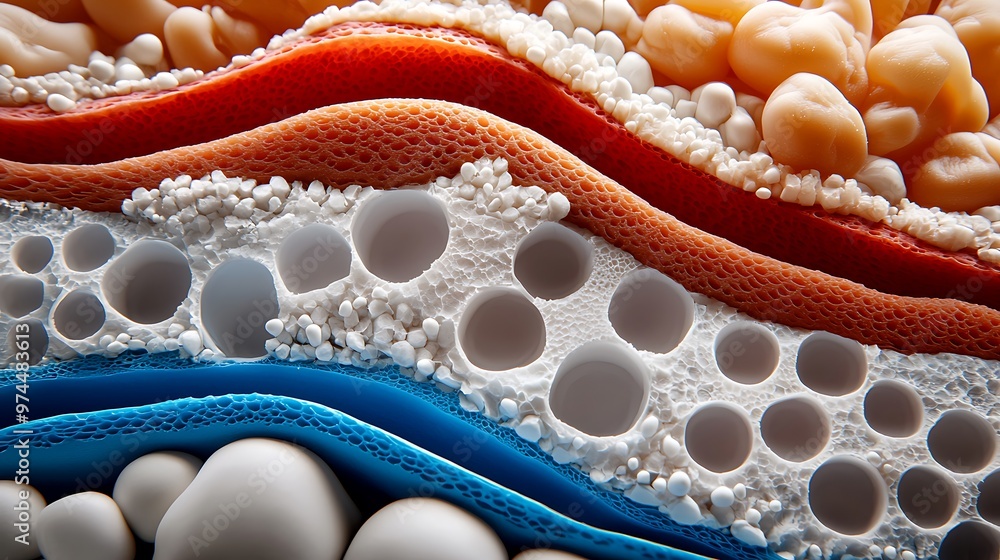 Poster an abstract texture of cellular structures features red, white, and blue layers, creating a dynamic 