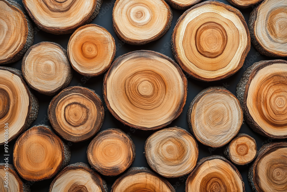 Poster close-up of various wooden tree trunk slices in different sizes arranged in a pattern. natural wood 