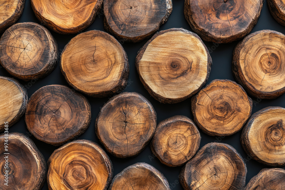 Aufkleber close-up of natural wooden tree slice textures in various sizes arranged in pattern. perfect for nat
