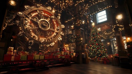 Santa Claus's toy factory, featuring giant gears, conveyor belts with toy boxes, garlands, warm twinkling lights, a Christmas tree, toy boxes