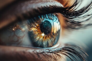 Close-up of eye with galaxy reflection, detailed iris texture
