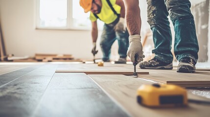 Construction workers installing wooden flooring in a bright room during daylight hours in a residential home renovation project