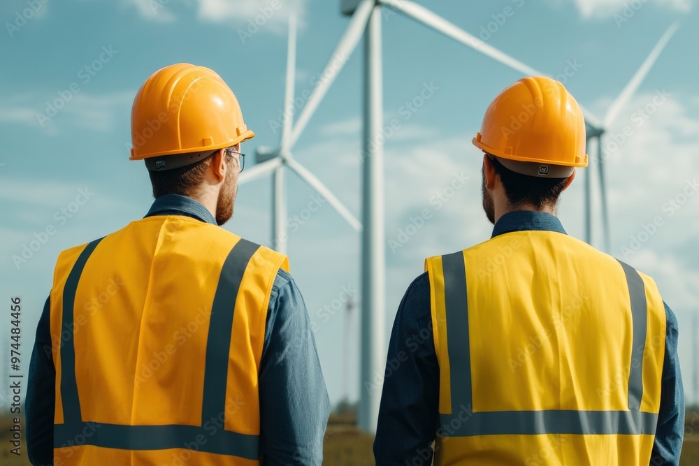 Sticker renewable energy wind turbine with engineers using augmented reality to design wind turbine improvem
