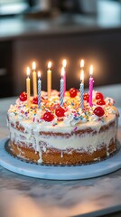 Colorful birthday cake with candles and sprinkles, beautifully decorated for a festive celebration