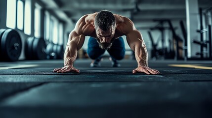 Fototapeta premium A man performs a push-up on a mat in a gym.