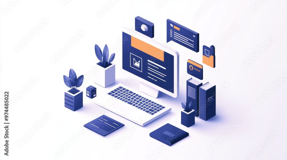 Poster isometric illustration of modern workspace with computer keyboard and plants