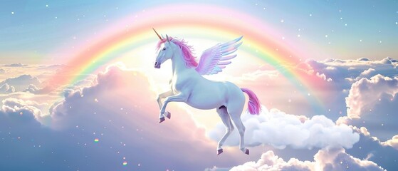 White Unicorn riding a cloud and rainbow background