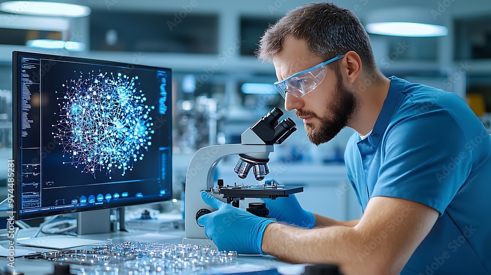 Poster a scientist peers into a microscope in a modern laboratory, with a computer screen displaying critic