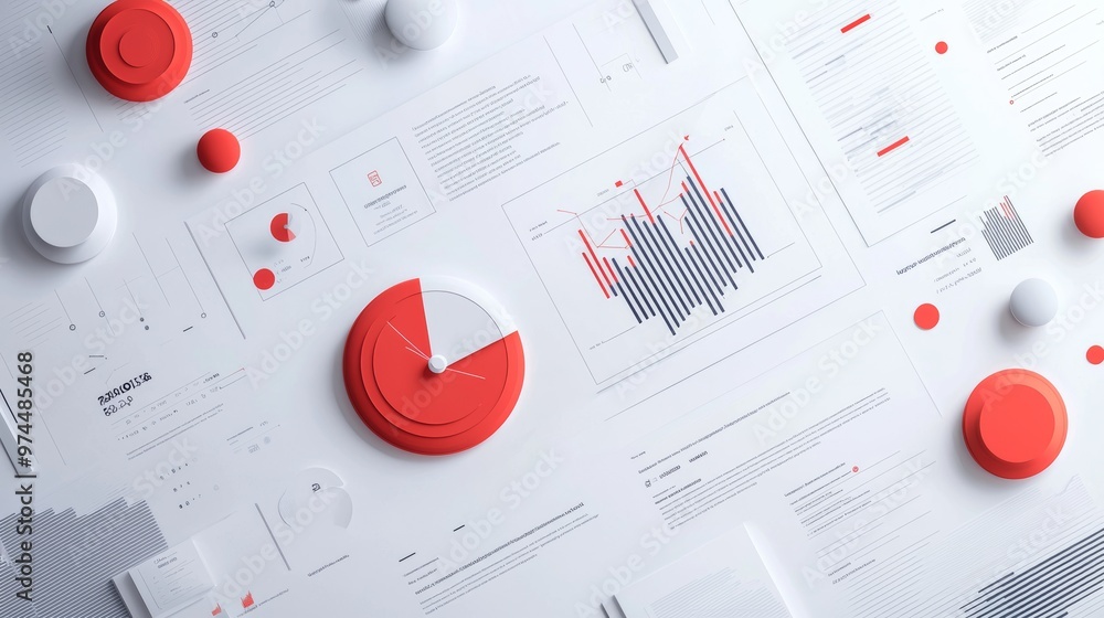 Poster red and white 3d geometric shapes with business charts and graphs on white background