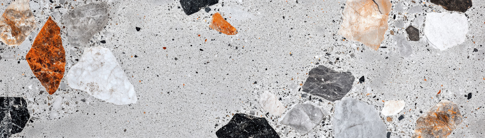Poster close-up of a gray terrazzo surface with various colorful stones. the abstract pattern showcases a m