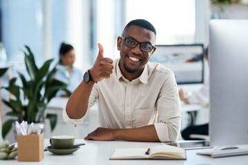 Thumbs up, notes and portrait of black man in office, digital agency or creative developer with confidence. Yes, website designer or consultant at tech startup with notebook, agreement and support