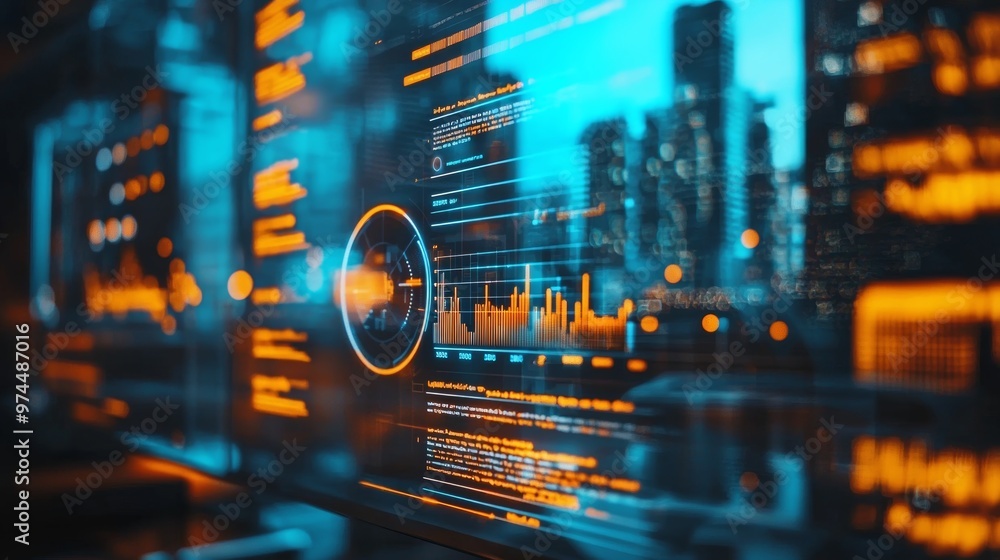 Aufkleber abstract digital data interface with city lights in background