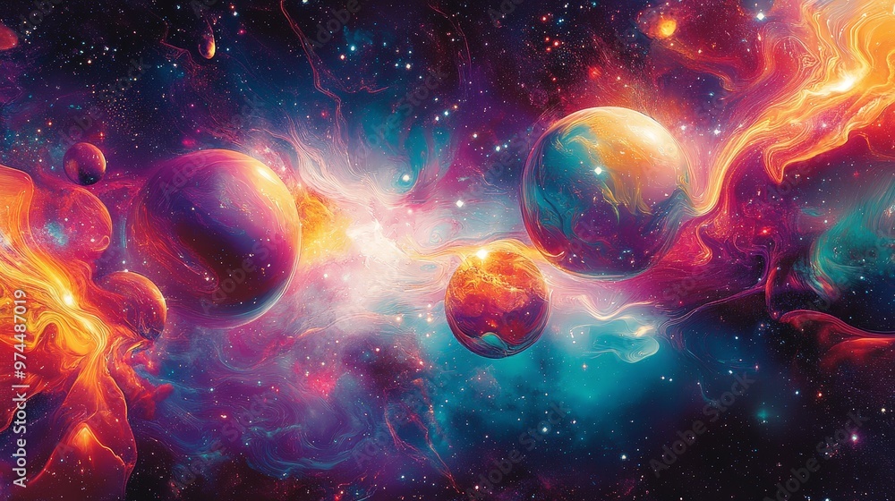 Poster a fantastical psychedelic space backdrop with luminescent, floating orbs and interstellar waves of c
