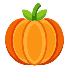 A lovely pumpkin featuring a green stem along with leaves on a white background