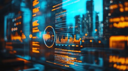 Obraz premium Abstract Digital Data Interface with City Lights in Background