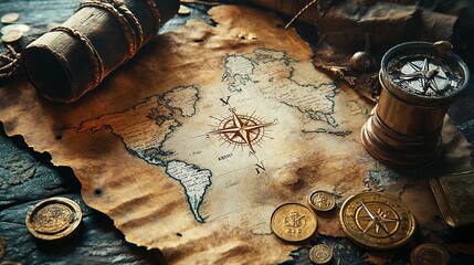 An antique map surrounded by navigational tools and coins on a rustic wooden surface, creating a historical exploration theme