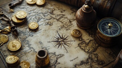 An antique map surrounded by navigational tools and coins on a rustic wooden surface, creating a historical exploration theme
