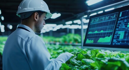 Agricultural Scientist Analyzing Vegetable Growth Data on Digital Interface in High Tech Greenhouse