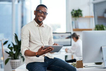 Smile, tablet and portrait of black man at digital agency, office or creative developer with...