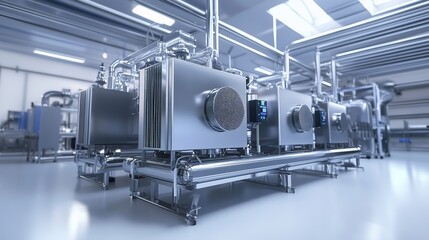 Modern commercial kitchen showcasing stainless steel refrigerators and organized shelving in a spacious layout with bright fluorescent lighting