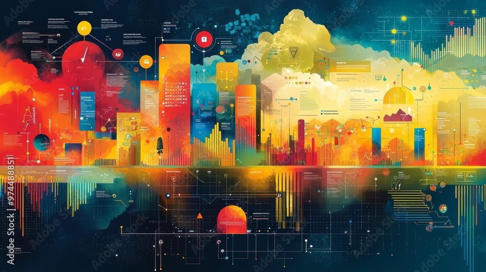 Poster abstract digital cityscape with data visualization and network connections