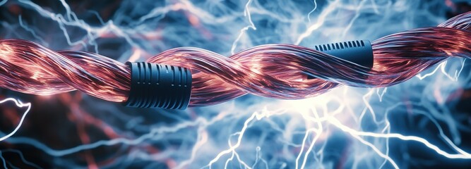 Electric discharge sparks vividly from a coiled cable amidst a dark, textured background in a dramatic display of energy