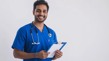 Happy Indian doctor, in blue scrubs, holds a clipboard and stethoscope.