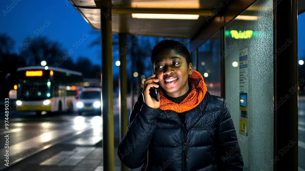 Aufkleber using a cellphone at a bus stop during a rainy night in the city generative ai