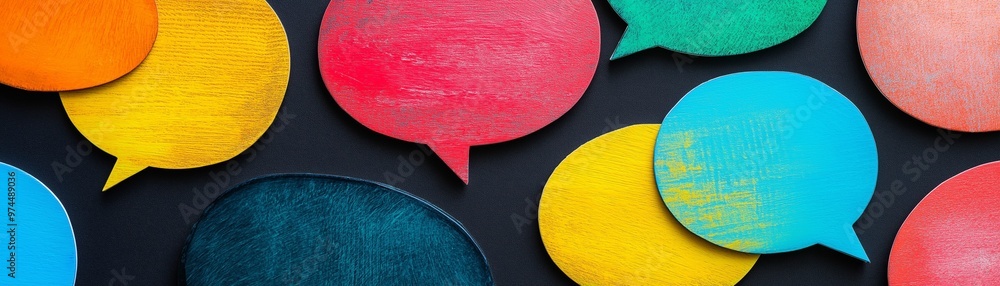 Poster a cluster of colorful speech bubbles.