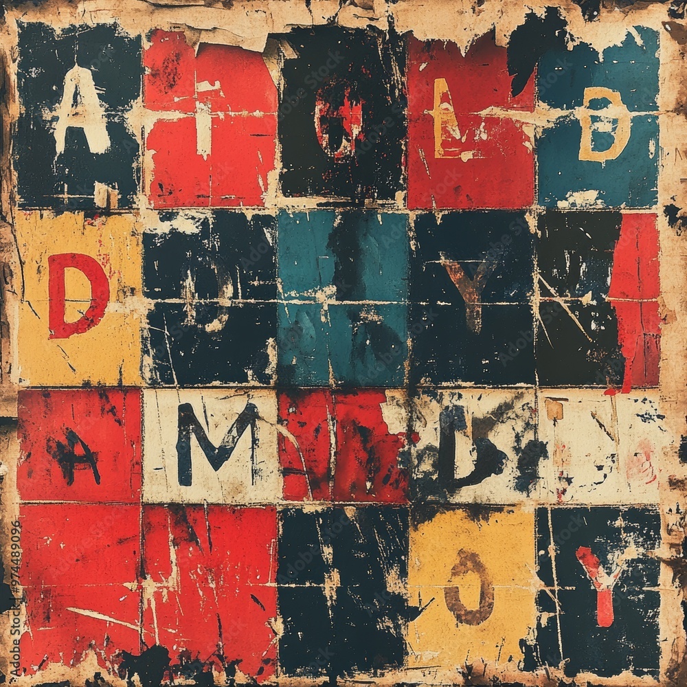 Poster abstract colorful textured background with letters and worn paint