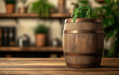 Naklejka premium A small green plant growing in a wooden barrel planter on a rustic wooden table, with blurred background of shelves and potted plants.