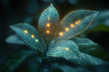 bioluminescent planttech hybrid organic circuitry intertwined with leaves emitting holographic data visualizations of ecosystem health