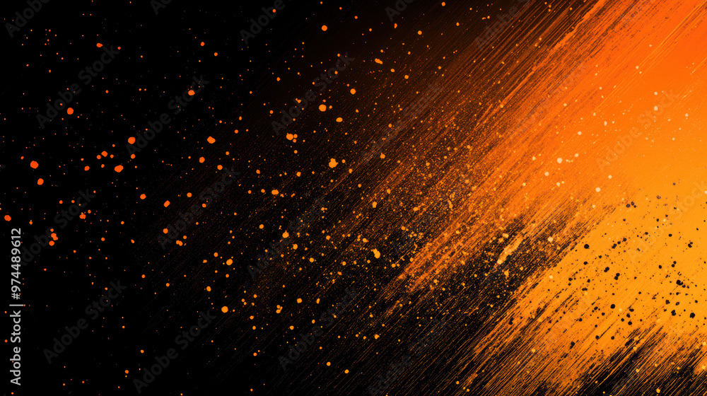 Poster Abstract orange and black paint splatter with dynamic brush strokes creating a vibrant and modern background. Ideal for artistic projects and design.